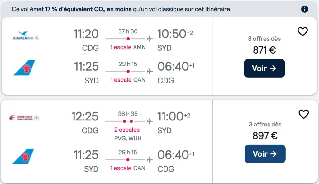 Simulation vols Skyscanner aller/retour Paris-Sydney pour novembre 2024