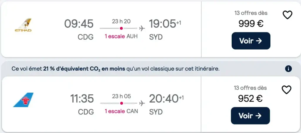 Simulation vols Skyscanner aller simple Paris-Sydney pour janvier 2025